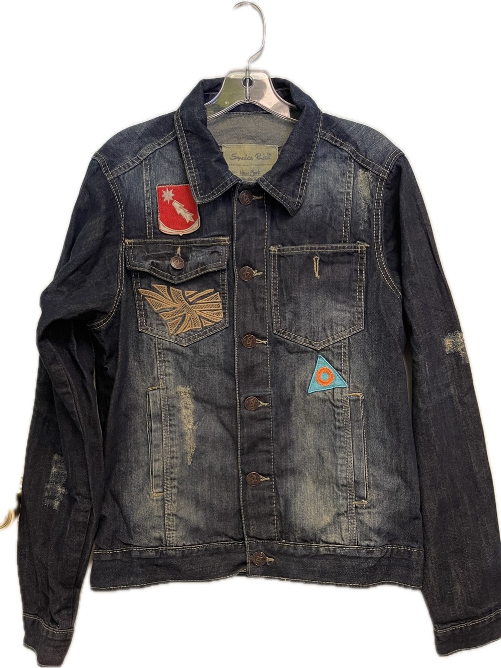 Smoke Rise Men's Distressed Dark Blue Patchwork Denim Jacket